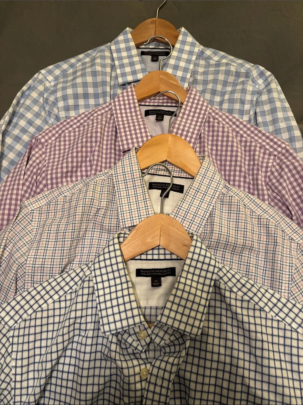 Bundle of 8 Banana Republic Men's Checked Dress Shirts - Blue, Purple, Pink